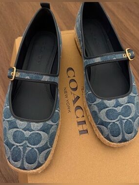 Coach Denim Signature Mary Jane Espadrille Flats - Denim Blue